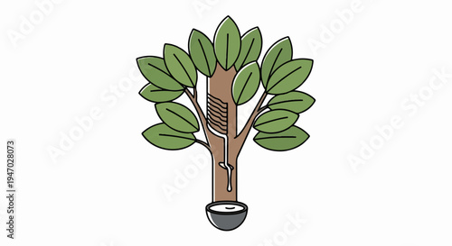 Stylized illustration of a tree trunk with leaves, tapping for sap