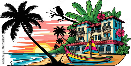 Vibrant tropical scene with a sailboat, resort, and sunset over the ocean