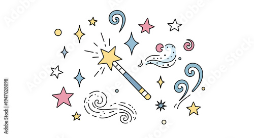 The magic wand emits sparkles and stars in a whimsical scene with swirling designs.