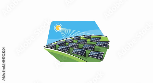 Solar panels arranged on a green hillside under a sunny sky, capturing solar energy