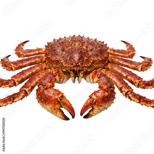 A detailed view of a large alaskan king crab with a textured shell and sharp pincers for eating isolated on transparent background