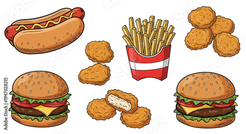 A variety of fast food items including hot dogs, burgers, fries, and nuggets on a plate.
