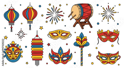 Vibrant Whisk carnival masks and lanterns shine brightly at festive evening event