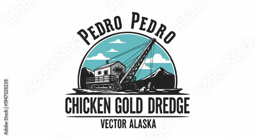 Vintage illustration of a gold dredge machine in a mountain landscape