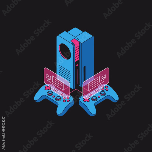 Isometric illustration of a gaming console with two connected controllers, glowing displays.