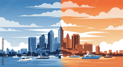 Split cityscape with blue daytime sky and orange sunset sky, featuring yachts on water