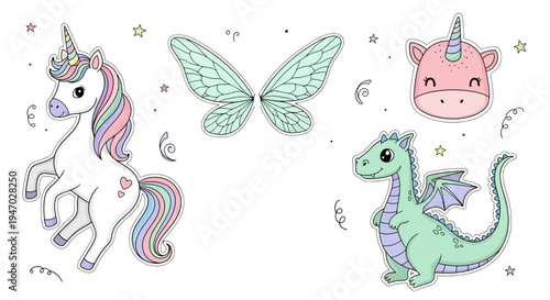 A whimsical scene featuring a unicorn, dragon, butterfly, and smiling unicorn head in a magical setting.
