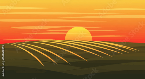 Pixelated sunset over cultivated fields, casting long shadows across rolling terrain