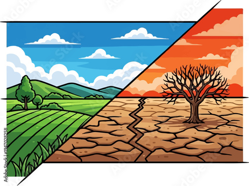 Split landscape showing lush green fields beside a cracked, arid desert with a dead tree