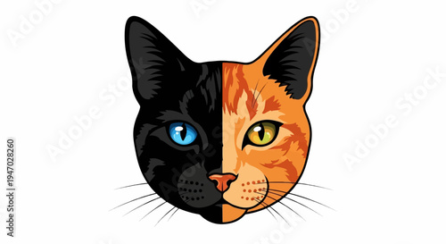 Split-faced feline with striking blue and yellow eyes, half black, half orange tabby