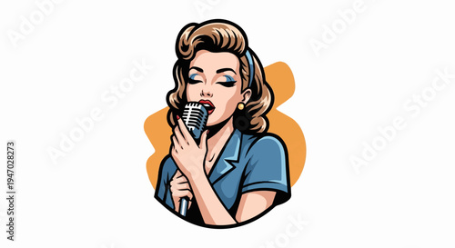 Vintage woman singing into a retro microphone with her eyes closed, in a comic book style
