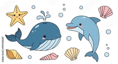 A whale and a dolphin swim together surrounded by seashells starfish and bubbles underwater.