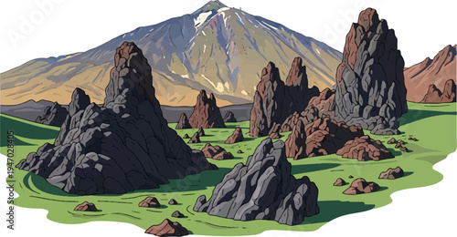 Volcanic peaks pierce a grassy plain, beneath a snow-capped mountain