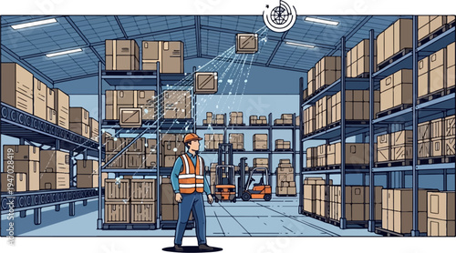 Warehouse worker oversees automated inventory tracking system with scanning devices