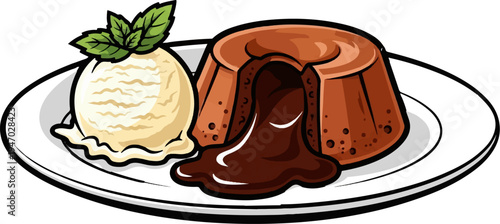 Warm chocolate cake with molten center and vanilla ice cream scoop, garnished with mint