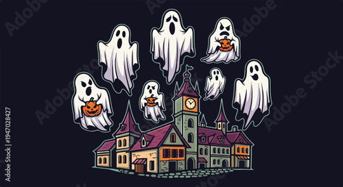 Playful ghosts playfully float around a spooky, whimsical haunted village at night