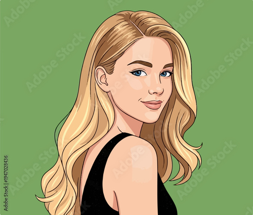 Portrait of a blonde woman with blue eyes and wavy hair, wearing a black top