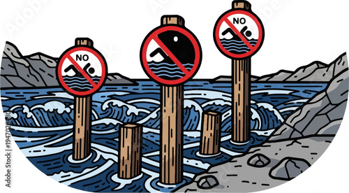 Warnings stand in choppy water at the edge of a rocky shoreline