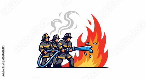 Three firefighters wearing helmets and gear spray water from a hose onto a large fire with smoke rising