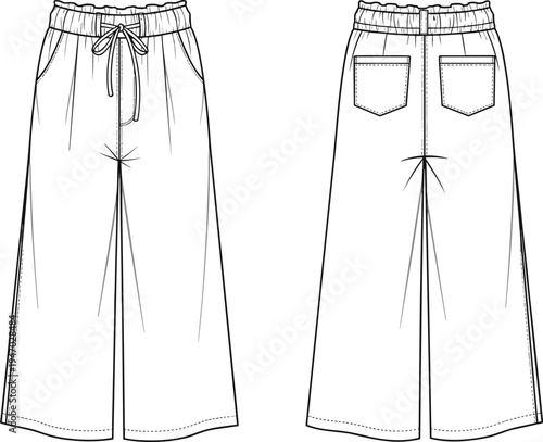 Front and back view wide leg drawstring pants template casual women trousers apparel mockup outline for fashion clothing design vector