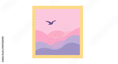 Bird Flying in Pink Purple Landscape.