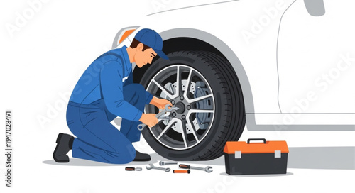 Mechanic changing car tire.