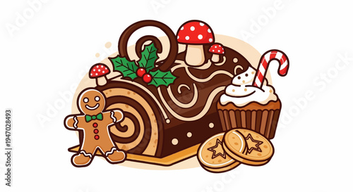 Whimsical Christmas treats a log cake, gingerbread, and cupcake