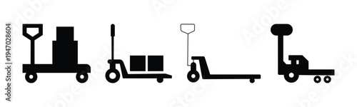 Hand Pallet Jack Icon Set – Manual Pallet Truck Warehouse Transport Silhouette and Outline Vector Collection, Industrial Lifting Equipment Symbol Isolated on White