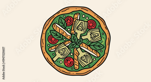 Whimsical overhead view of a pizza with green sauce, artichoke, tomato, basil, and breadsticks