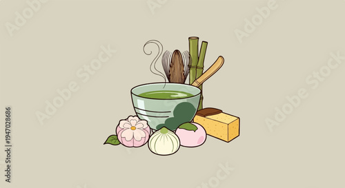 Whisked green tea in a bowl with bamboo tools and sweets