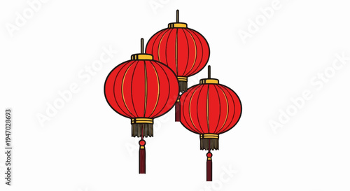 Three red celebratory lanterns with golden accents and tassels hang together