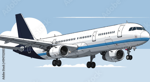 White passenger jet with blue stripe descending in a sky with clouds