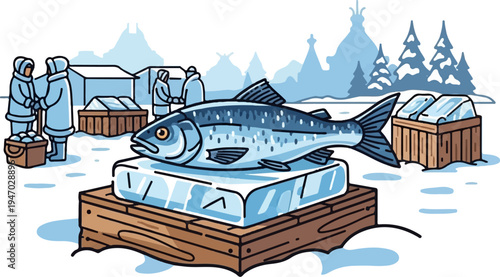 Winter market with people, fish on ice, snow, and traditional tents