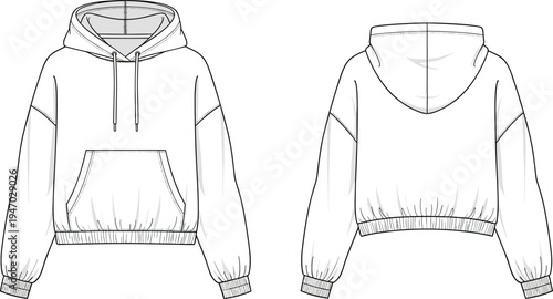 Front and back view cropped hoodie mockup outline template with hood and pocket casual streetwear sweatshirt apparel technical fashion drawing vector