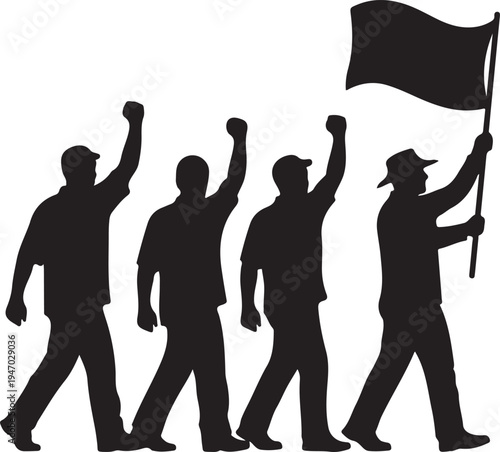 Silhouettes of four men marching in protest with one holding a flag.