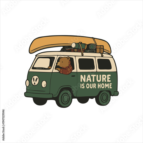 Bear driving camper van with canoe illustration