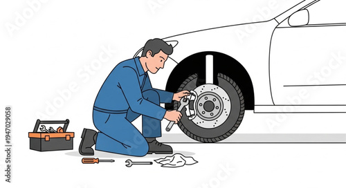 Mechanic changing car tire.