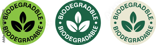 Biodegradable Eco Label Badge Set with Green Leaf Symbol, Sustainable Packaging and Environmentally Friendly Product Vector Illustration Collection