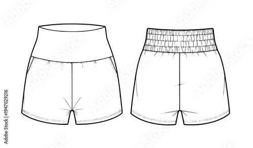 Women’s high-waisted gym shorts vector illustration elastic waistband athletic sportswear flat sketch CAD drawing isolated on white