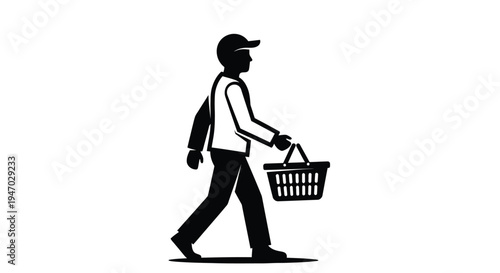 Man walking with a shopping basket depicted as a clean silhouette