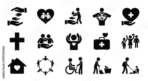 Healthcare and support icons depicting care love and community silhouette
