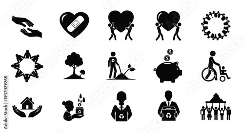 Charity and support icons depicting care community and giving silhouette