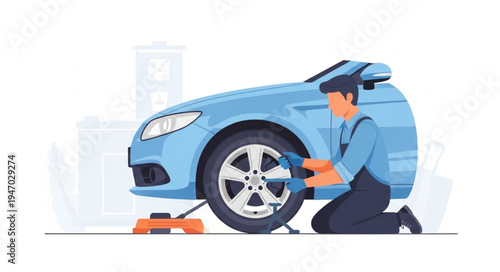 Mechanic changing car tire.