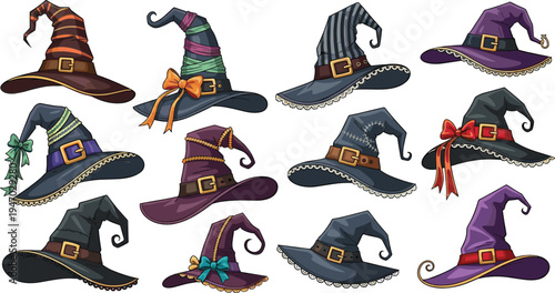 Halloween witch hats collection spooky magic costume accessory cartoon style festive autumn holiday vector illustration set