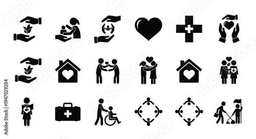Collection of black icons depicting care love and support silhouette