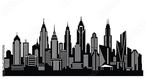 Dramatic skyline of a modern city sharply defined in black and white silhouette