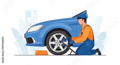 Mechanic changing car tire.