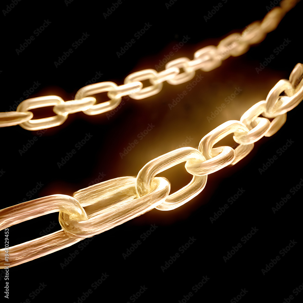 Fototapeta premium Glowing Golden Chain Links on Black Background
