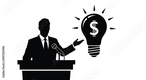 A speaker presenting with a lightbulb displaying a dollar sign silhouette
