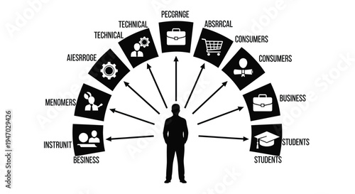 Conceptual diagram showing options diverging from a person s silhouette high quality